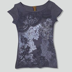 copper key y2k affliction style wild print blinged out grunge top.